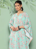 Janasya Women's Sea Green Crepe Digital Printed Kaftan Casual Kaftan Set