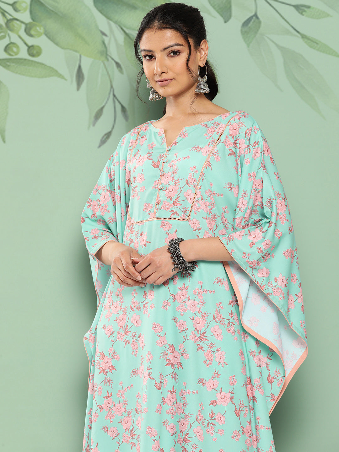 Janasya Women's Sea Green Crepe Digital Printed Kaftan Casual Kaftan Set