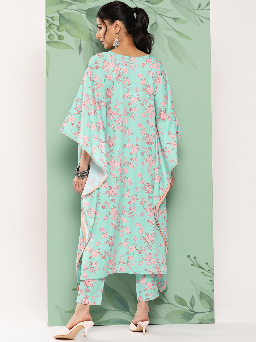 Janasya Women's Sea Green Crepe Digital Printed Kaftan Casual Kaftan Set