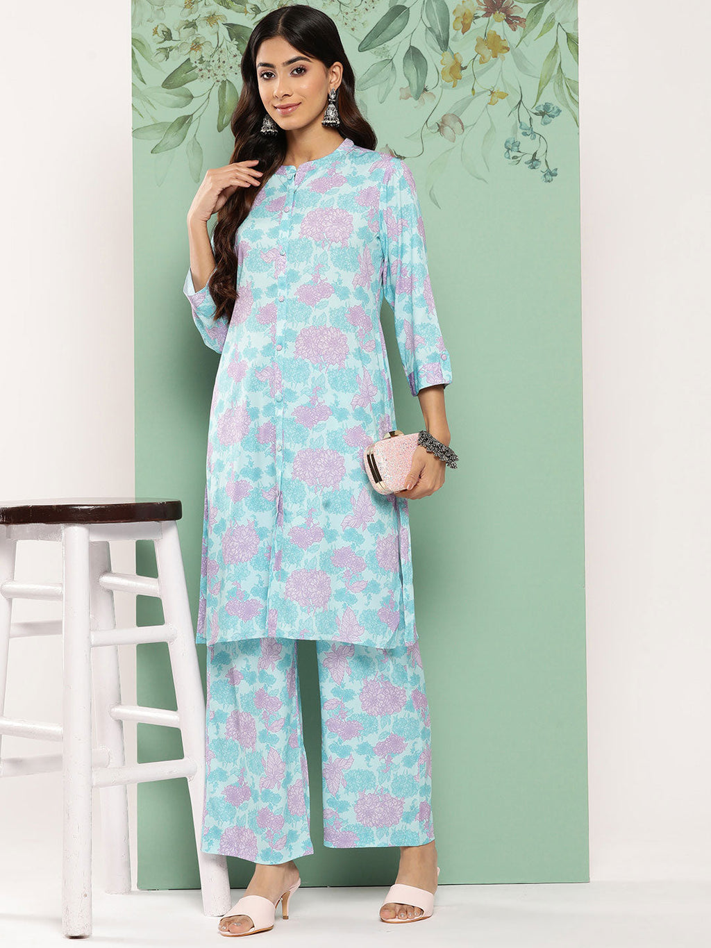 Janasya Women's Sky Blue Crepe Digital Printed Straight Casual Kurta Set
