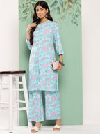 Janasya Women's Sky Blue Crepe Digital Printed Straight Casual Kurta Set