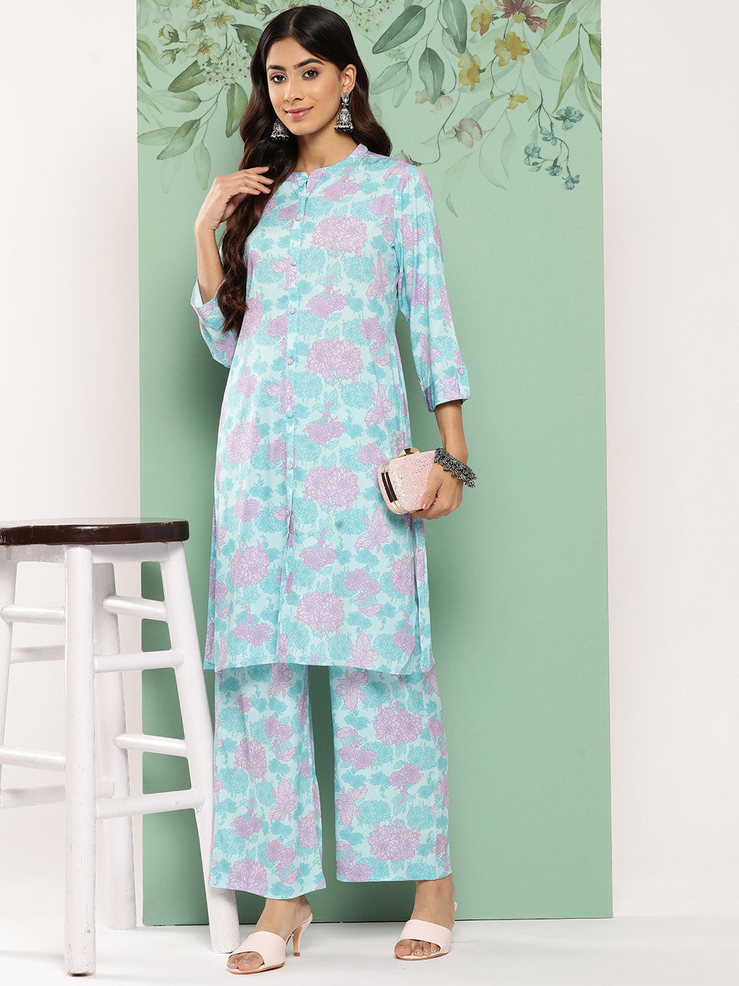 Janasya Women's Sky Blue Crepe Digital Printed Straight Casual Kurta Set