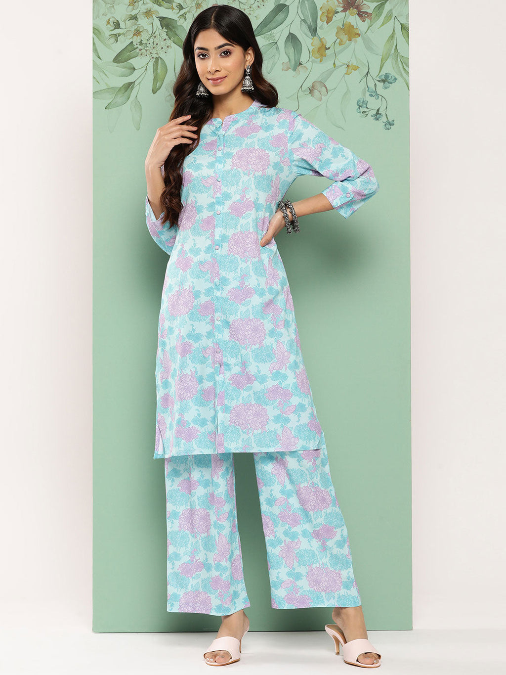 Janasya Women's Sky Blue Crepe Digital Printed Straight Casual Kurta Set