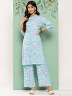 Janasya Women's Sky Blue Crepe Digital Printed Straight Casual Kurta Set