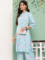 Janasya Women's Sky Blue Crepe Digital Printed Straight Casual Kurta Set
