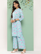 Janasya Women's Sky Blue Crepe Digital Printed Straight Casual Kurta Set