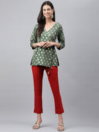 Janasya Women's Green Crepe Foil Printed Angrakha Casual Top Set