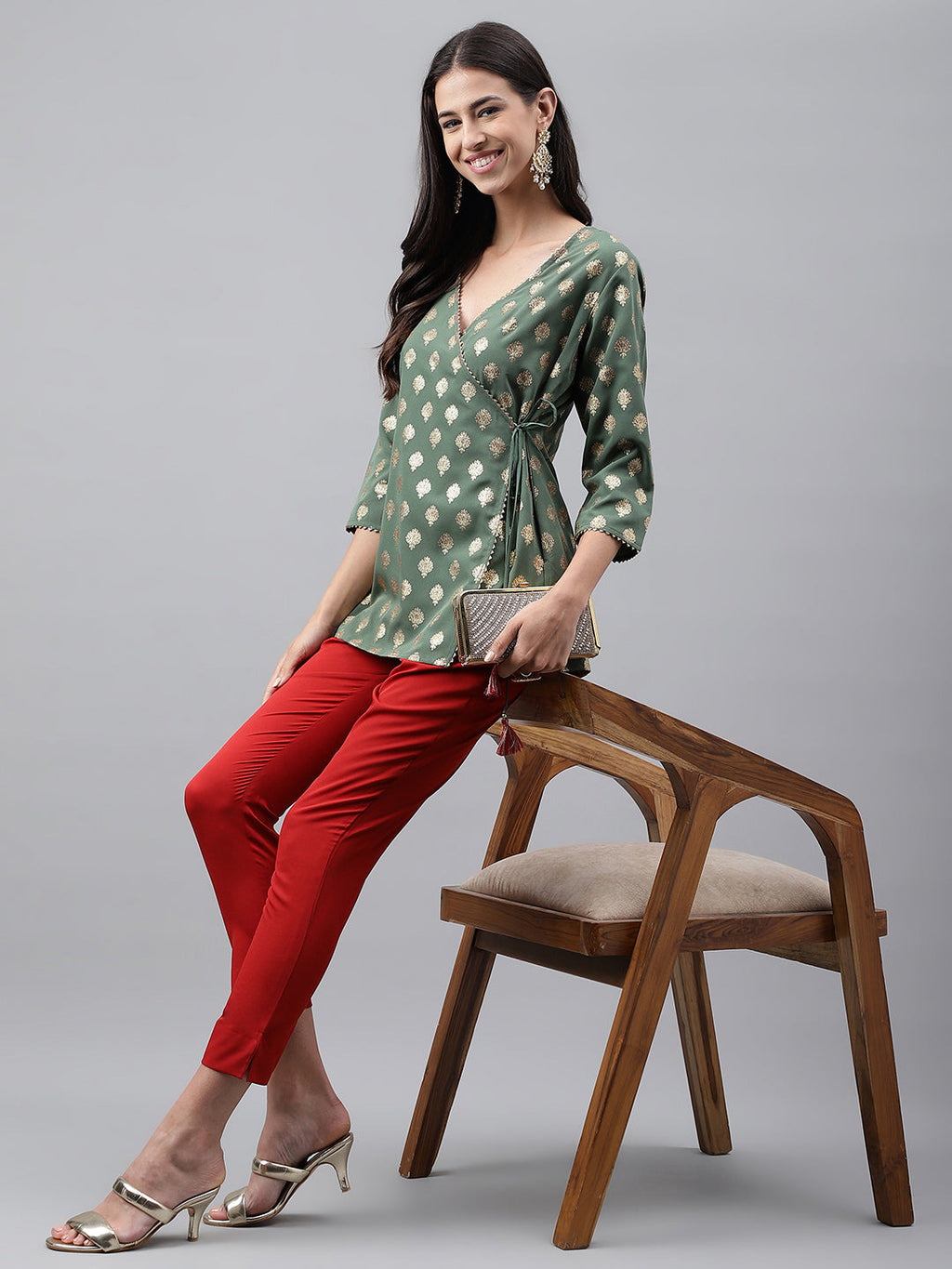 Janasya Women's Green Crepe Foil Printed Angrakha Casual Top Set