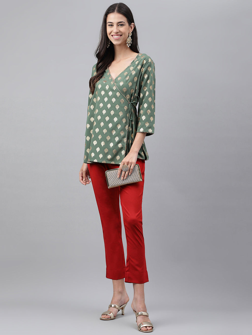 Janasya Women's Green Crepe Foil Printed Angrakha Casual Top Set