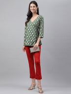 Janasya Women's Green Crepe Foil Printed Angrakha Casual Top Set