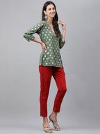 Janasya Women's Green Crepe Foil Printed Angrakha Casual Top Set