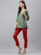 Janasya Women's Green Crepe Foil Printed Angrakha Casual Top Set