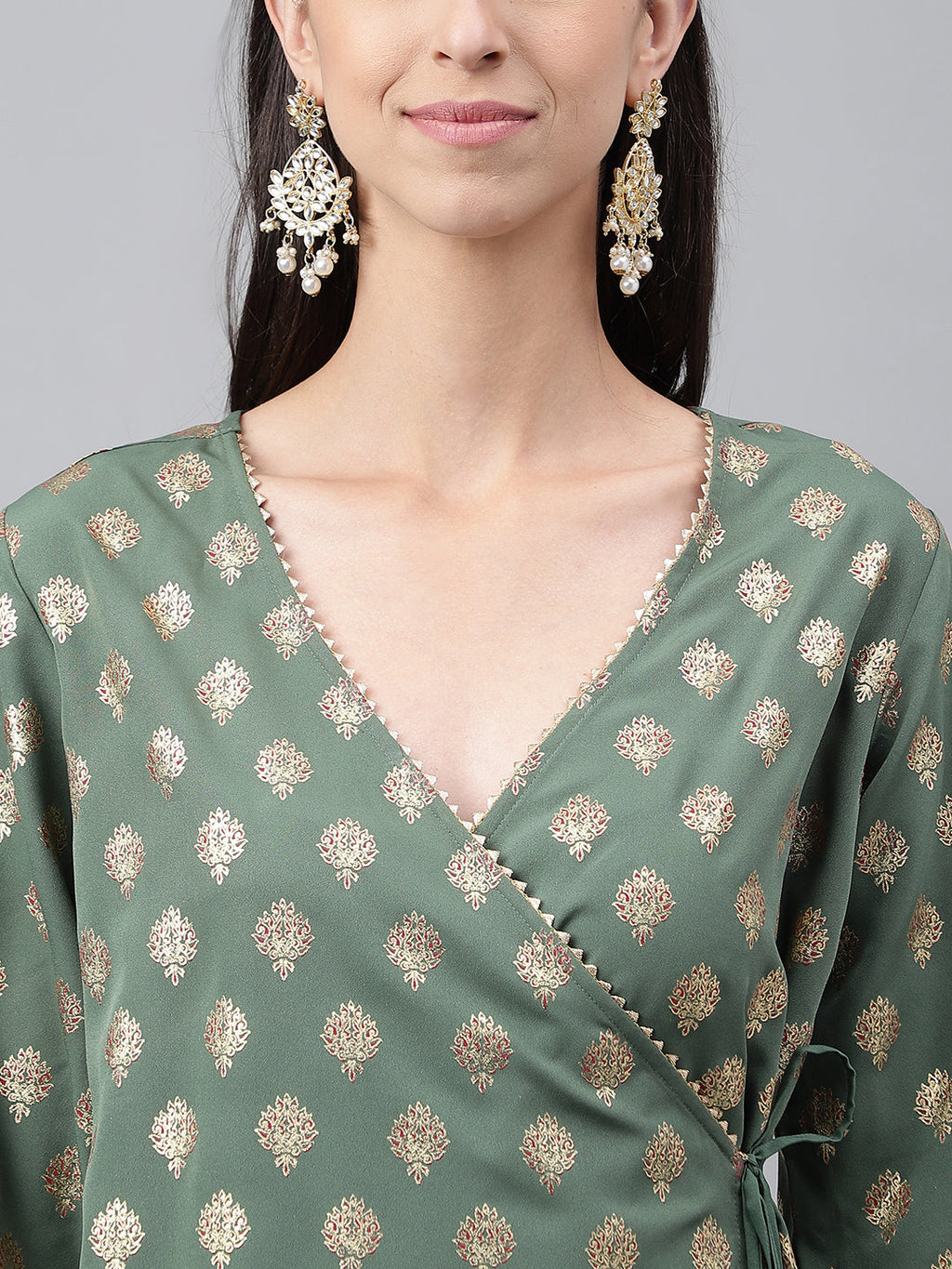 Janasya Women's Green Crepe Foil Printed Angrakha Casual Top Set