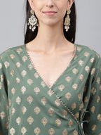 Janasya Women's Green Crepe Foil Printed Angrakha Casual Top Set