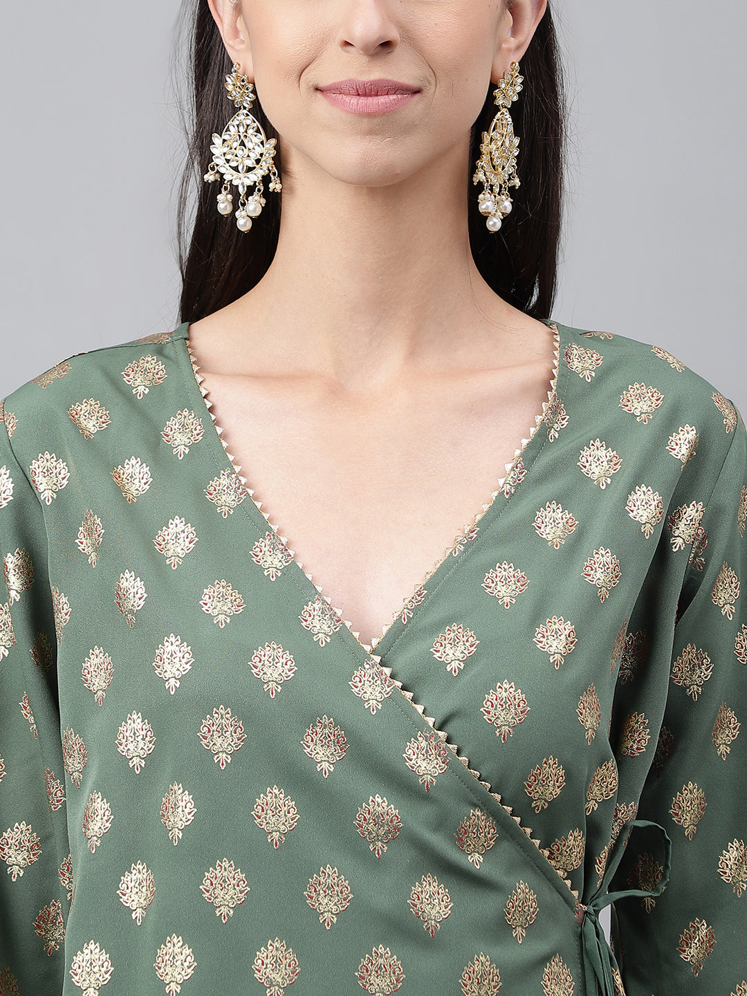 Janasya Women's Green Crepe Foil Printed Angrakha Casual Top Set