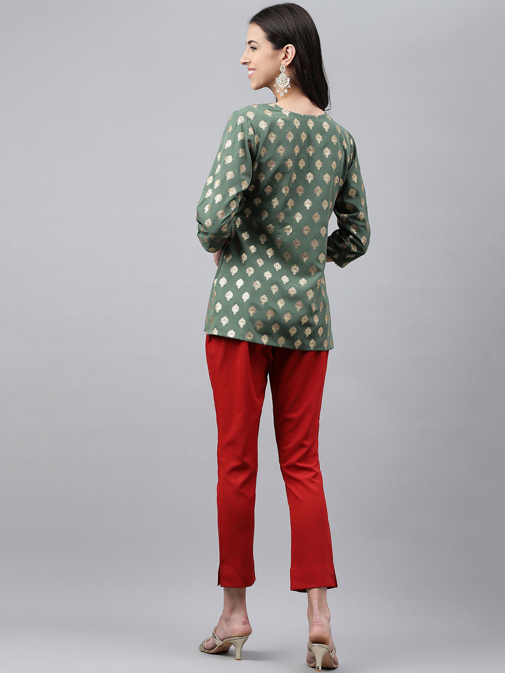 Janasya Women's Green Crepe Foil Printed Angrakha Casual Top Set