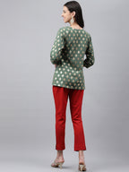 Janasya Women's Green Crepe Foil Printed Angrakha Casual Top Set