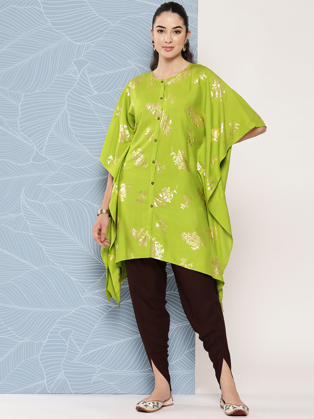 Janasya Women's Lime Green Rayon Foil Printed Kaftan Festive Kurta Set