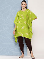Janasya Women's Lime Green Rayon Foil Printed Kaftan Festive Kurta Set
