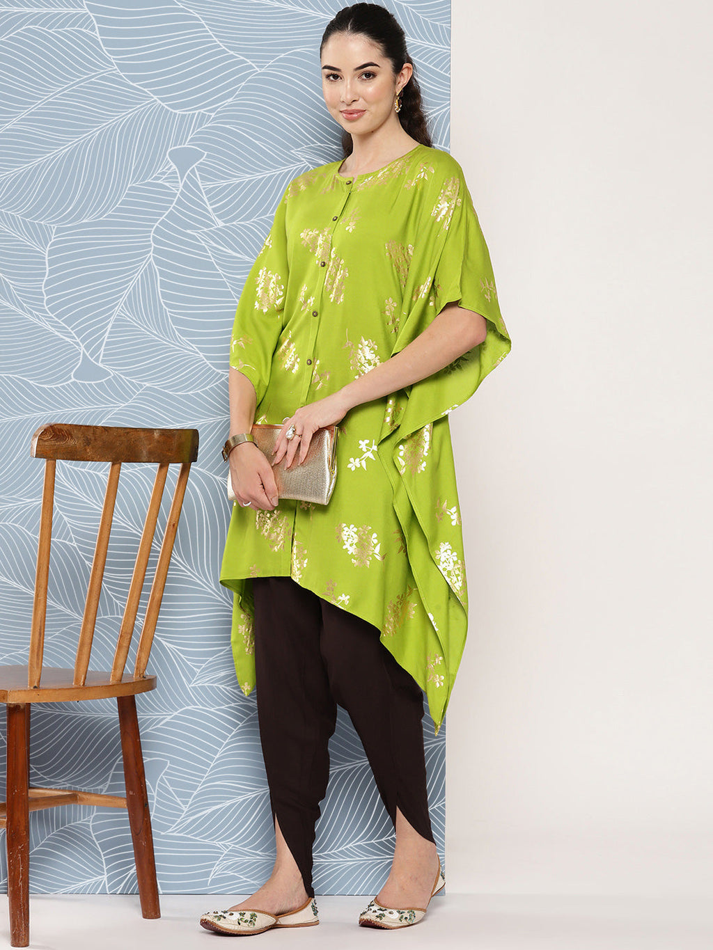 Janasya Women's Lime Green Rayon Foil Printed Kaftan Festive Kurta Set