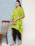 Janasya Women's Lime Green Rayon Foil Printed Kaftan Festive Kurta Set