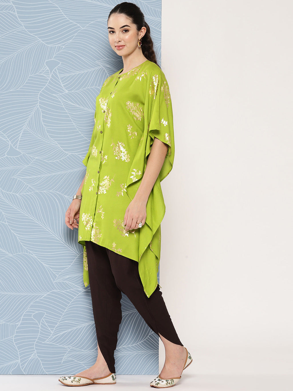 Janasya Women's Lime Green Rayon Foil Printed Kaftan Festive Kurta Set