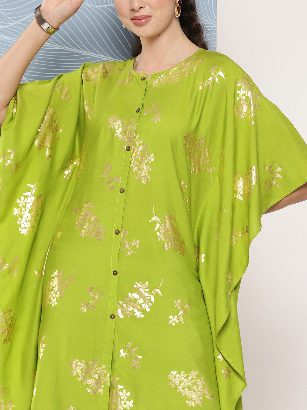 Janasya Women's Lime Green Rayon Foil Printed Kaftan Festive Kurta Set