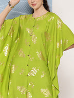 Janasya Women's Lime Green Rayon Foil Printed Kaftan Festive Kurta Set