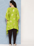 Janasya Women's Lime Green Rayon Foil Printed Kaftan Festive Kurta Set