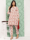 Janasya Women's White Cotton Botanical Printed Tiered Casual Kurta Set