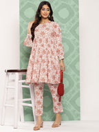 Janasya Women's White Cotton Botanical Printed Tiered Casual Kurta Set