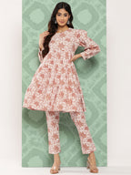 Janasya Women's White Cotton Botanical Printed Tiered Casual Kurta Set