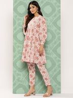 Janasya Women's White Cotton Botanical Printed Tiered Casual Kurta Set