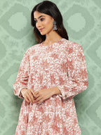 Janasya Women's White Cotton Botanical Printed Tiered Casual Kurta Set