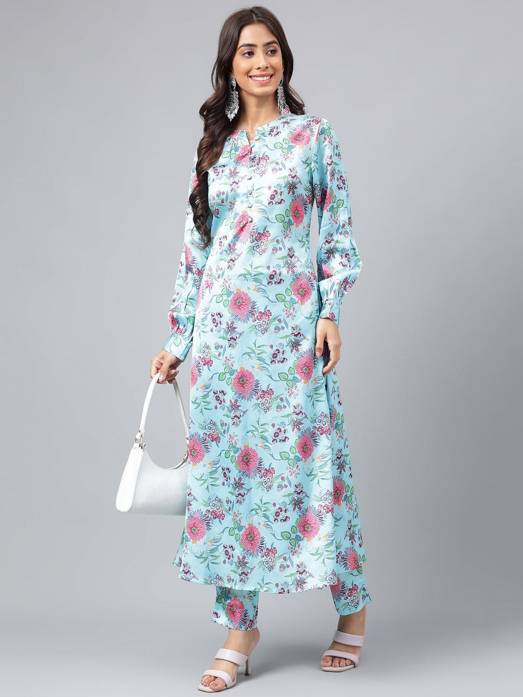 Janasya Women's Aqua Blue Satin Digital Floral Printed Straight Party kurta Set
