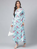 Janasya Women's Aqua Blue Satin Digital Floral Printed Straight Party kurta Set