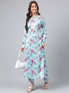Janasya Women's Aqua Blue Satin Digital Floral Printed Straight Party kurta Set