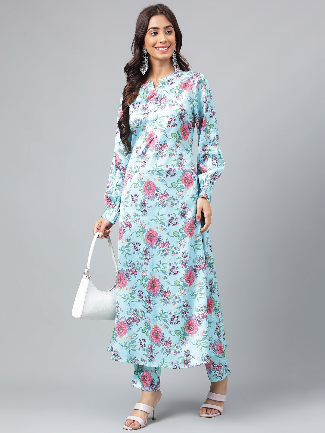Janasya Women's Aqua Blue Satin Digital Floral Printed Straight Party kurta Set