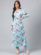 Janasya Women's Aqua Blue Satin Digital Floral Printed Straight Party kurta Set