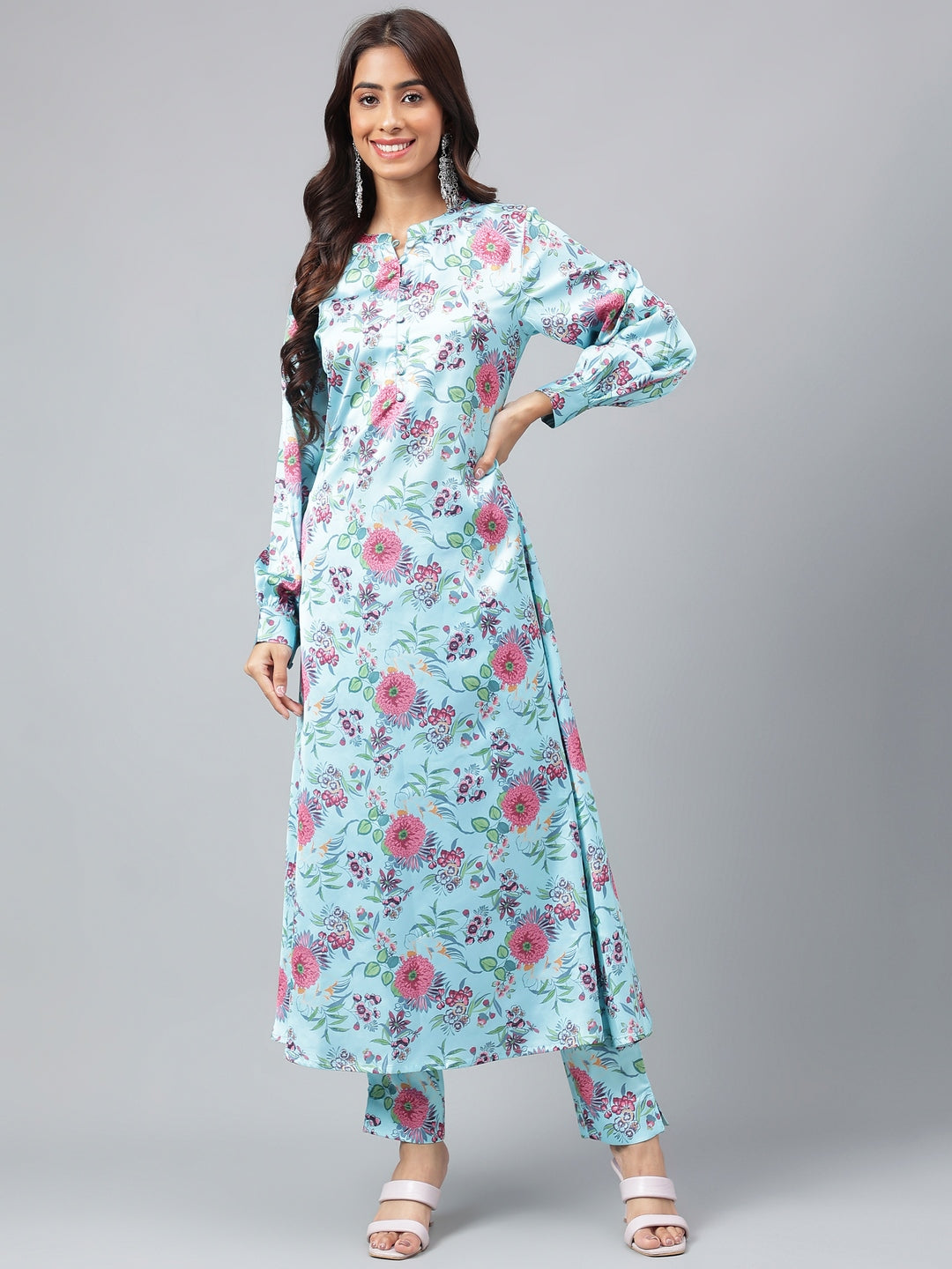 Janasya Women's Aqua Blue Satin Digital Floral Printed Straight Party kurta Set