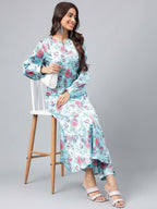 Janasya Women's Aqua Blue Satin Digital Floral Printed Straight Party kurta Set