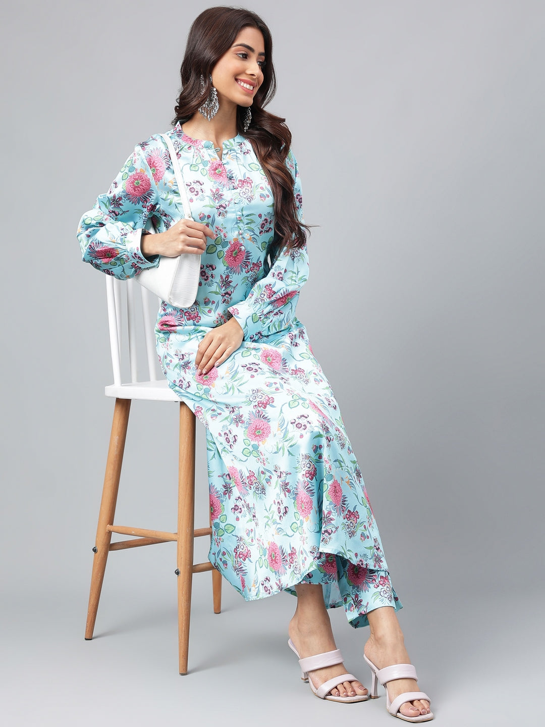 Janasya Women's Aqua Blue Satin Digital Floral Printed Straight Party kurta Set