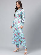Janasya Women's Aqua Blue Satin Digital Floral Printed Straight Party kurta Set