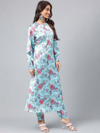 Janasya Women's Aqua Blue Satin Digital Floral Printed Straight Party kurta Set