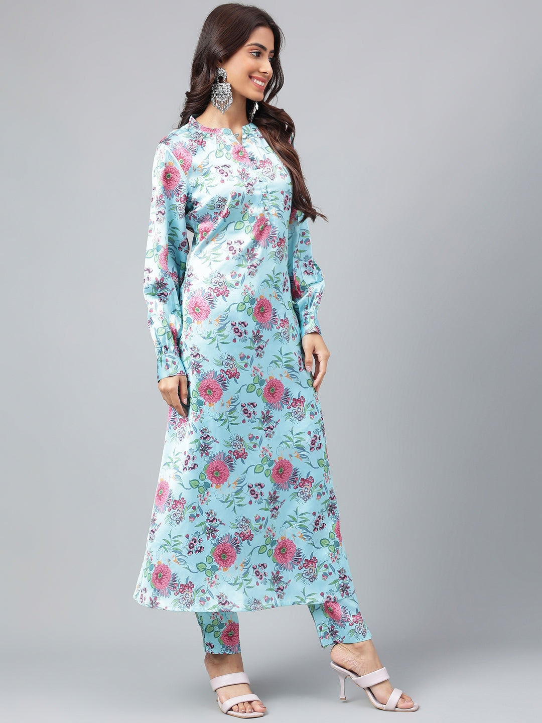 Janasya Women's Aqua Blue Satin Digital Floral Printed Straight Party kurta Set