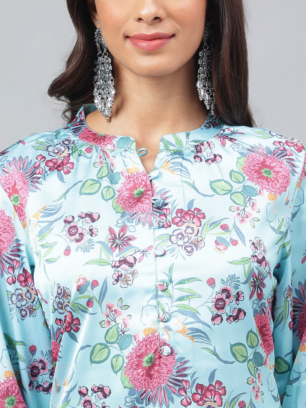 Janasya Women's Aqua Blue Satin Digital Floral Printed Straight Party kurta Set