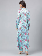 Janasya Women's Aqua Blue Satin Digital Floral Printed Straight Party kurta Set