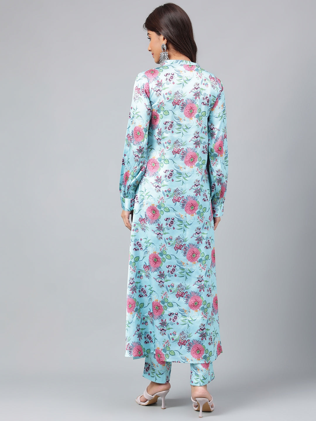 Janasya Women's Aqua Blue Satin Digital Floral Printed Straight Party kurta Set