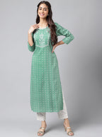 Janasya Women's Green Rayon Yoke Embroidered Straight Casual Kurta Set