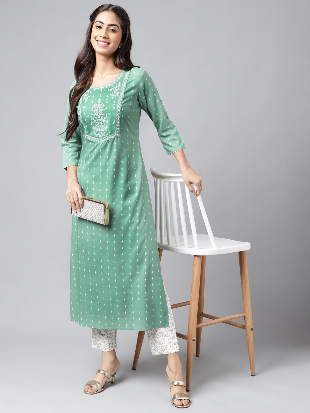 Janasya Women's Green Rayon Yoke Embroidered Straight Casual Kurta Set